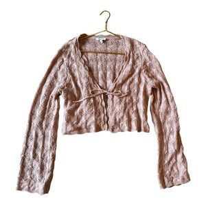 Freshman Pink Crochet Cardigan XL Knit Cropped Hippie Boho Tie Front Sweater